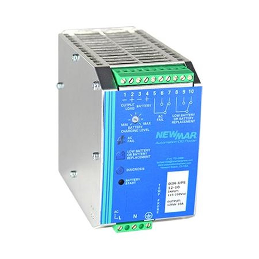 NEWMAR DIN-UPS-12-10 12 VDC 10A Power System with Charger, Ups, and Status Monitoring.DIN Rail System.2 Outputs, Load & Battery.Alarm Contacts: AC