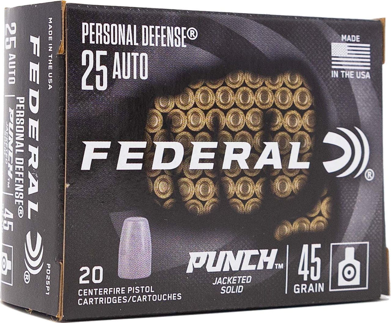 Federal Punch 25 ACP Ammo 45gr, Punch Hollow Point, 20 Rds. PD25P1