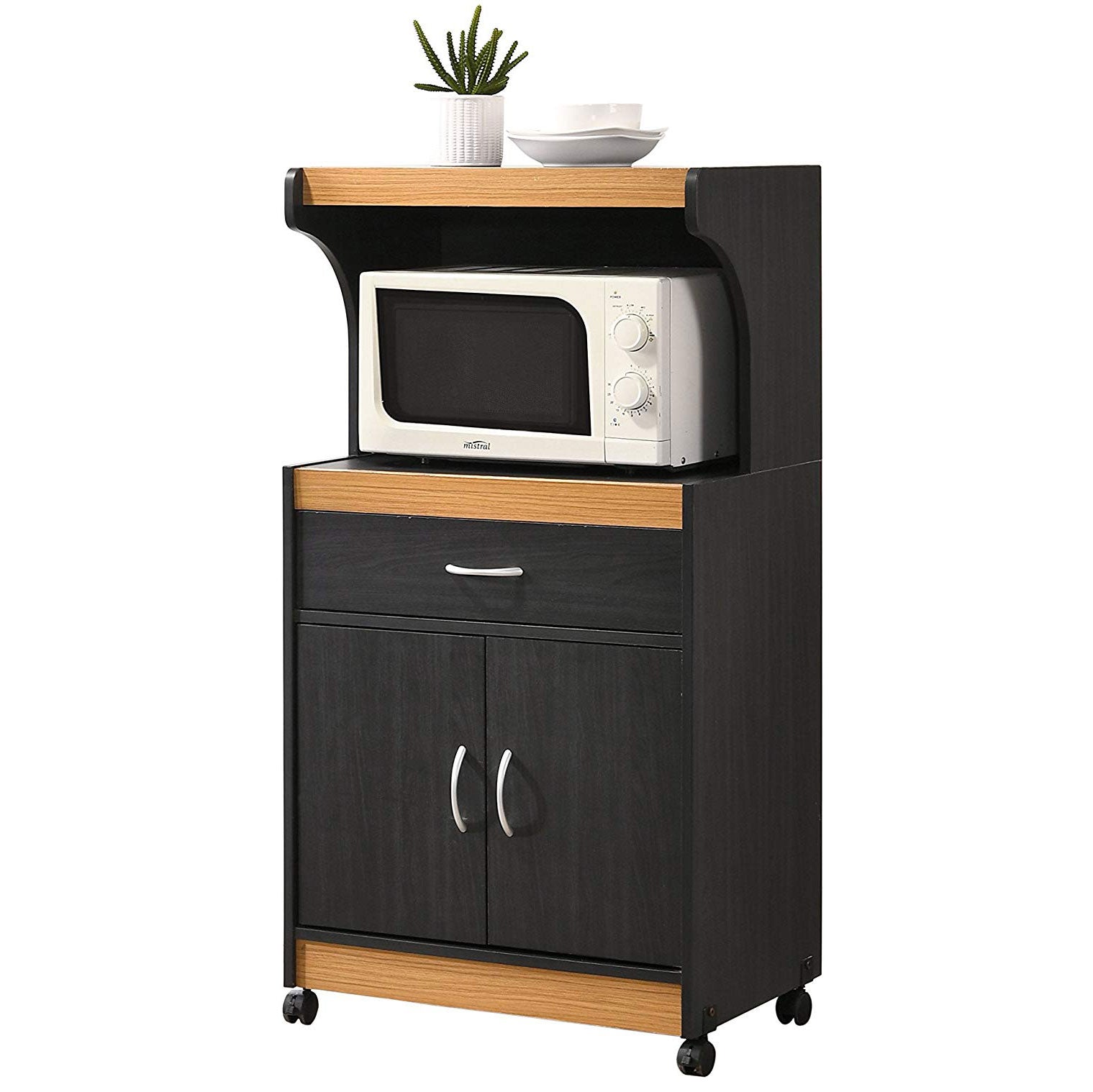 Hodedah Wheeled Microwave Island Cart with Storage, Black-Beech (Open Box)