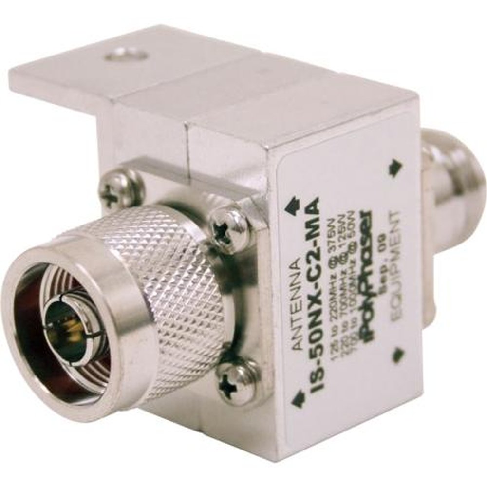 POLYPHASER IS-50NX-C2-MA 125-1000 Mhz General Coverage Flange Mount.Max Surge 50,000 Amp.600 VDC Turn On.N Female on Equipment Port, N Male on