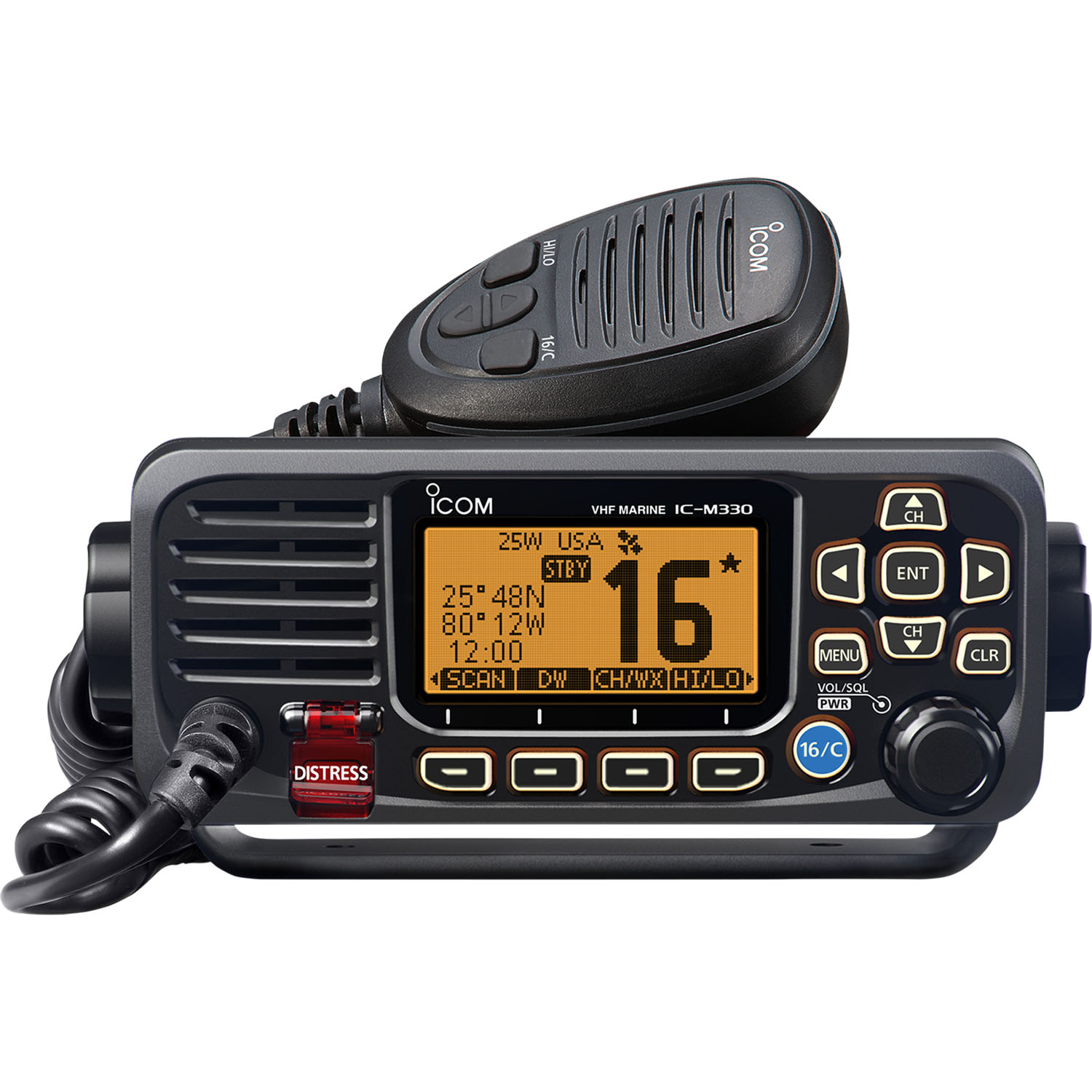 Icom M330 Fixed Mount VHF Radio - 25W, Ultra Compact, Class D DSC, AquaQuake, IPX7, Black