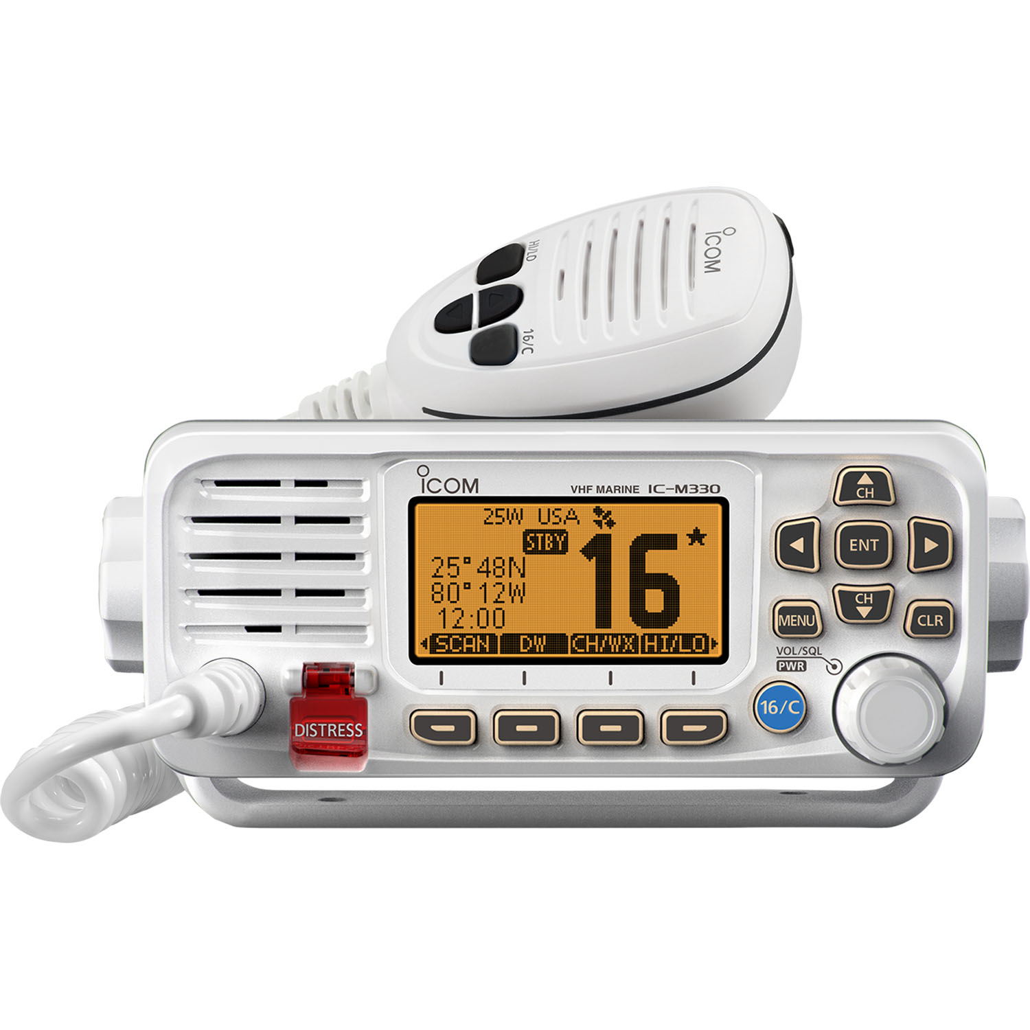 Icom M330 Fixed Mount VHF Radio - 25W, Ultra Compact, Class D DSC, AquaQuake, IPX7, White