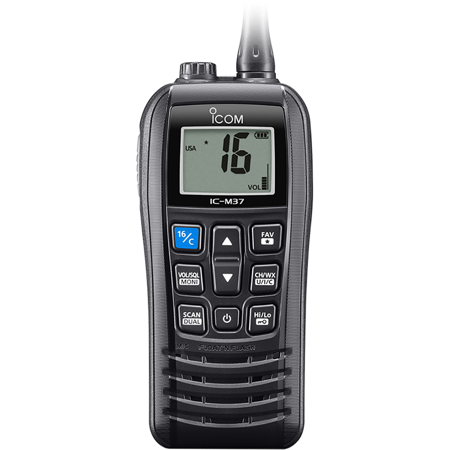 Icom M37 Handheld VHF Marine Radio - 6W, Float'n Flash, 12 Hour Battery, IP57 Waterproof