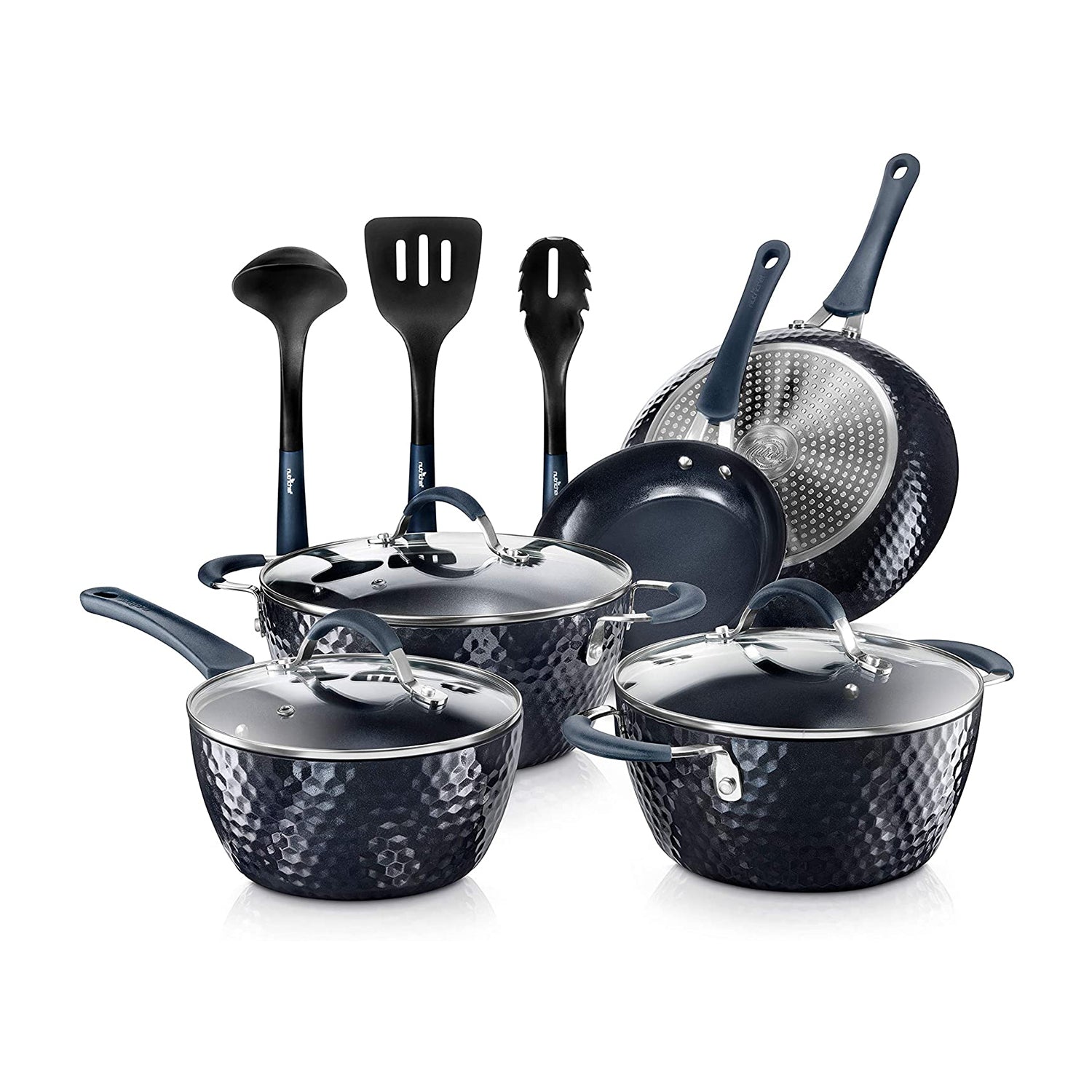 NutriChef 11 Piece Nonstick Diamond Pattern Cookware Set, Dark Blue (Used)