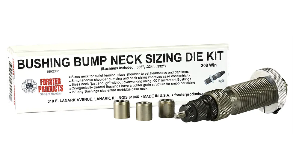 Forster Bushing Bump Neck Sizing Die and three Neck Bushings