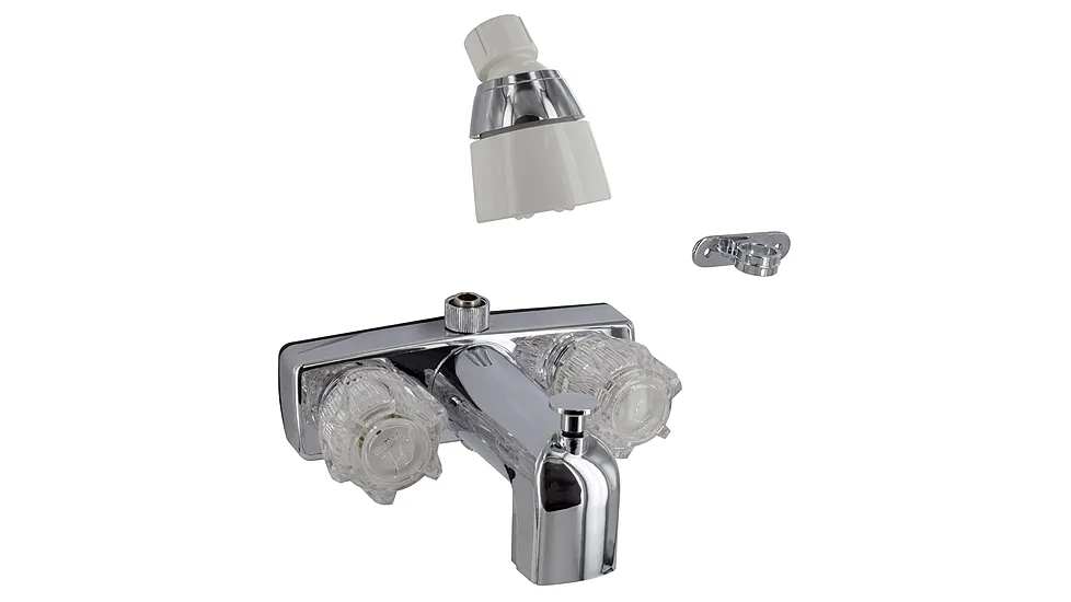 Phoenix Faucets By Valterra Two-Handle 4" Tub/Shower Diverter Faucet With Riser Nut And Shower Head - Brass