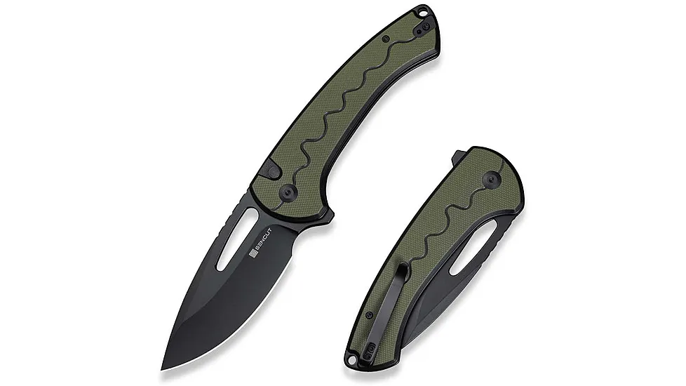 SENCUT Squiggy Flipper & Thumb Hole & Button Lock Knife Black / Green G10 Handle