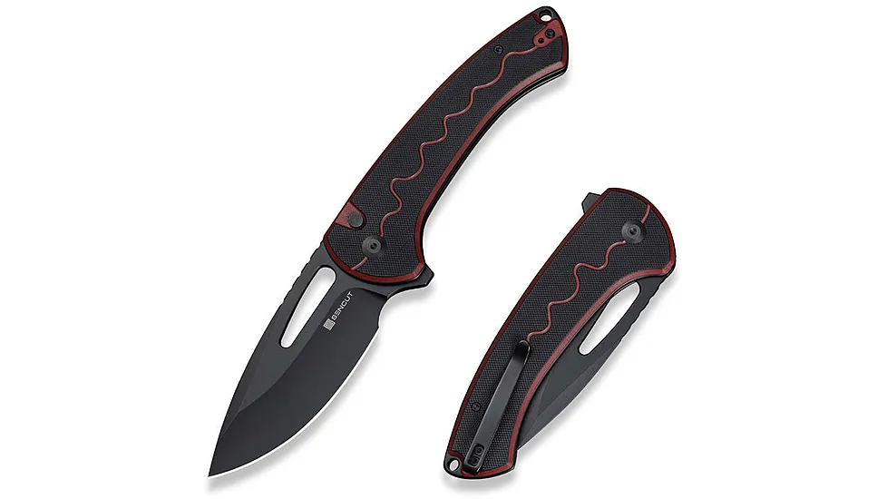 SENCUT Squiggy Flipper & Thumb Hole & Button Lock Knife Burgundy / Black G10 Handle