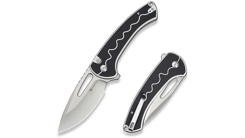 SENCUT Squiggy Flipper & Thumb Hole & Button Lock Knife White / Black G10 Handle