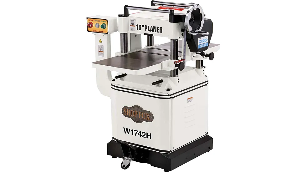 Shop Fox 15in Planer with Cast Iron Wings, Mobile Base and Spiral Cutterhead