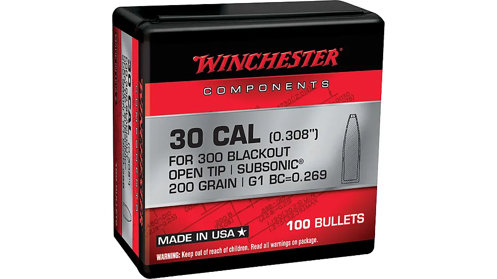 Winchester Rifle Bullets, 300 Blackout, 200 Grain, Open Tip