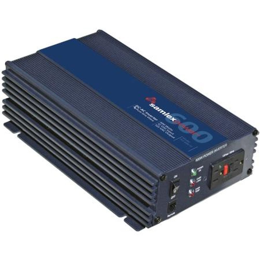 SAMLEX PST-600-12 DC to AC Power Inverter.600W Continuous, 1000W Intermittent.Pure Sine Wave.Continuous Fan.Two AC Outlets.Tubular Screw Down