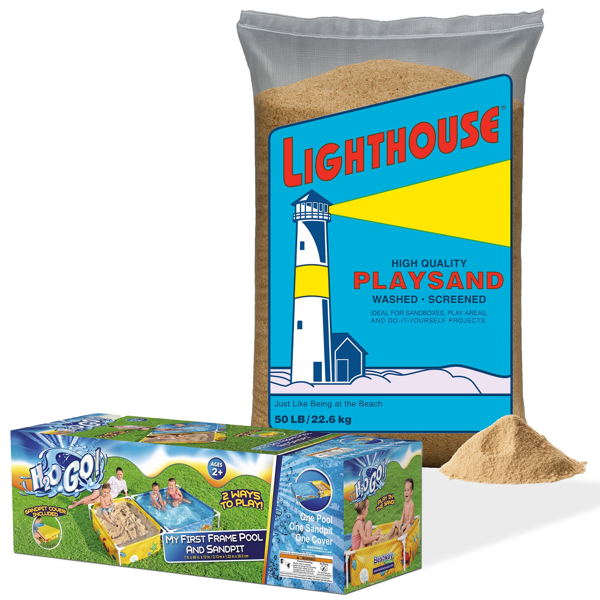 US Silica 50 Lb Lighthouse Comfortable Play Sand Bundled w/ Kiddie Pool, Sandpit