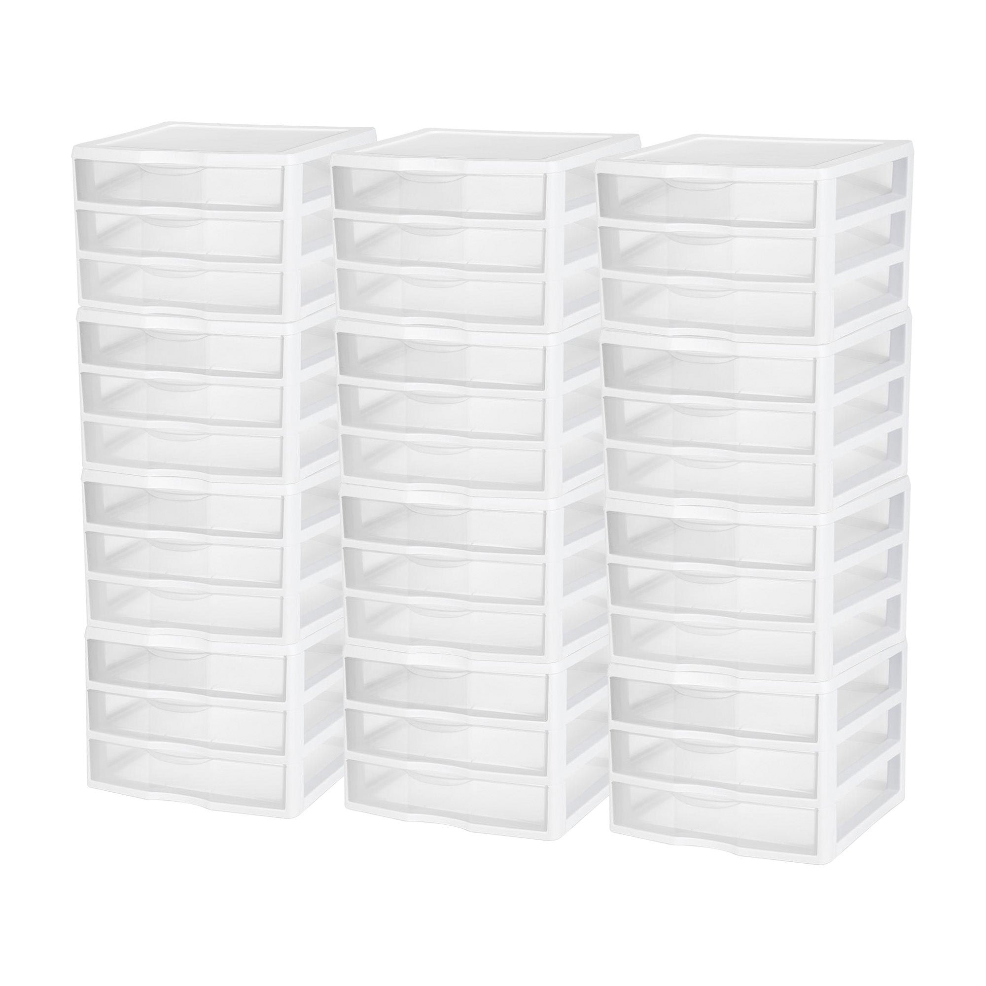 Sterilite Clear Plastic Stackable Small 3 Drawer Storage System, White, (12 Pack)