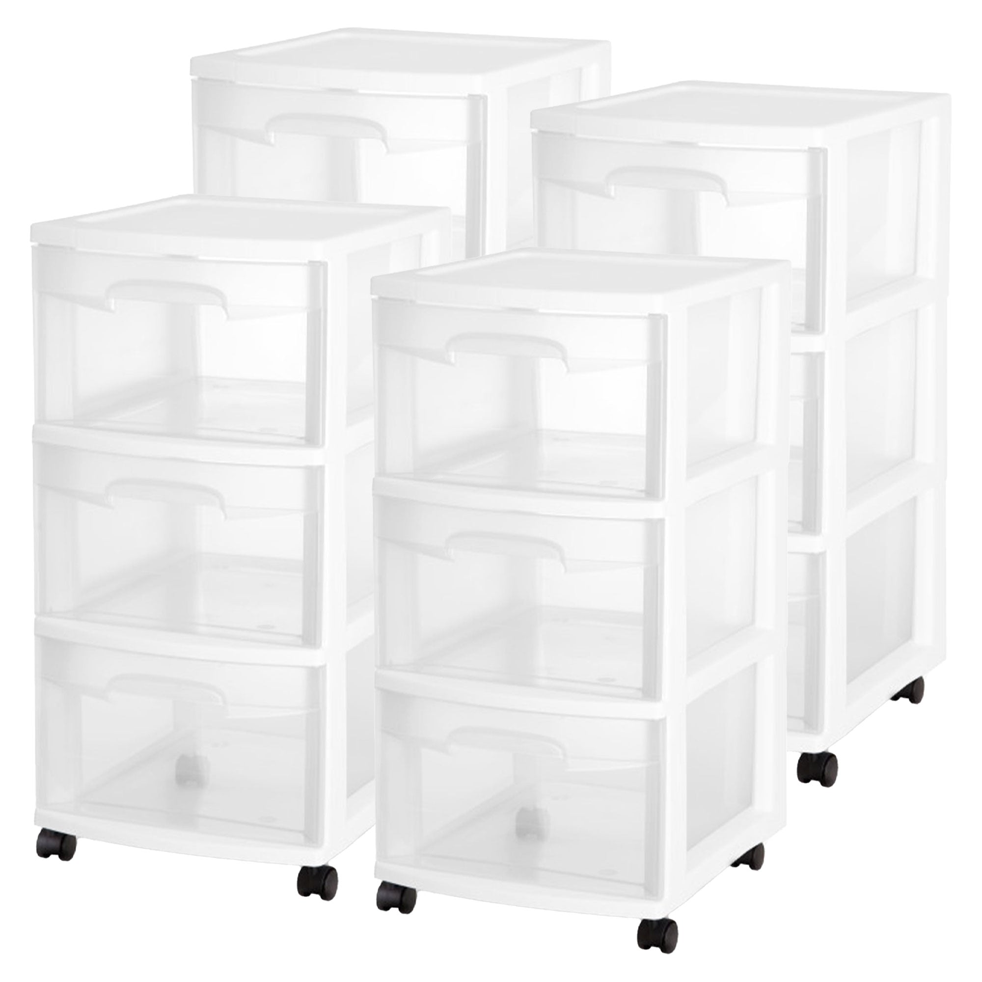 Sterilite 3 Drawer Storage Cart, Plastic Rolling Organizer with Wheels, 4 Pack