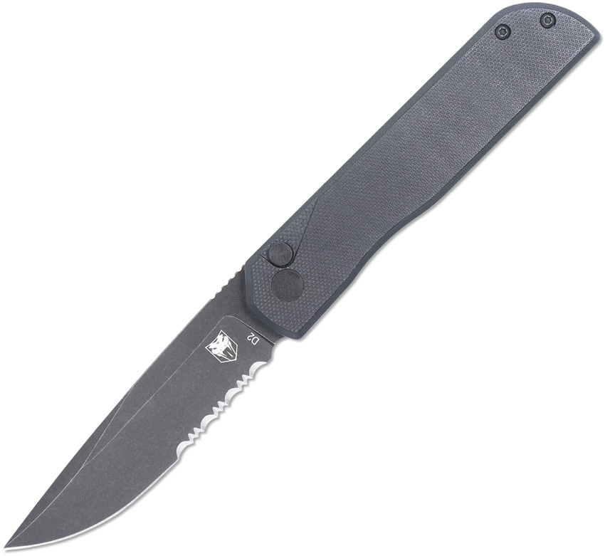 Cobratec Prowler Button Lock Pocket Knife Drop Point Black Partially Serrated - CBTPLRBKBDS