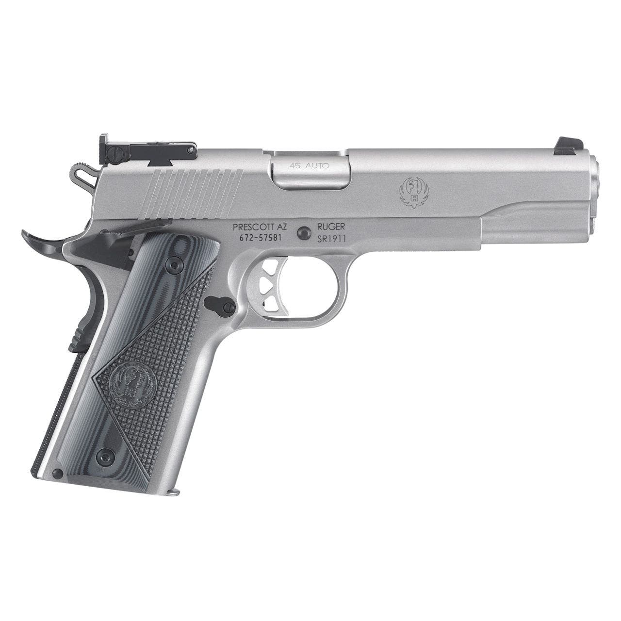 Ruger SR1911 Target 45 ACP Pistol 8+1 5" Barrel Adjustable Rear Sight Checkered Backstrap G10 Grip Low Glare Stainless Steel SAO 6736